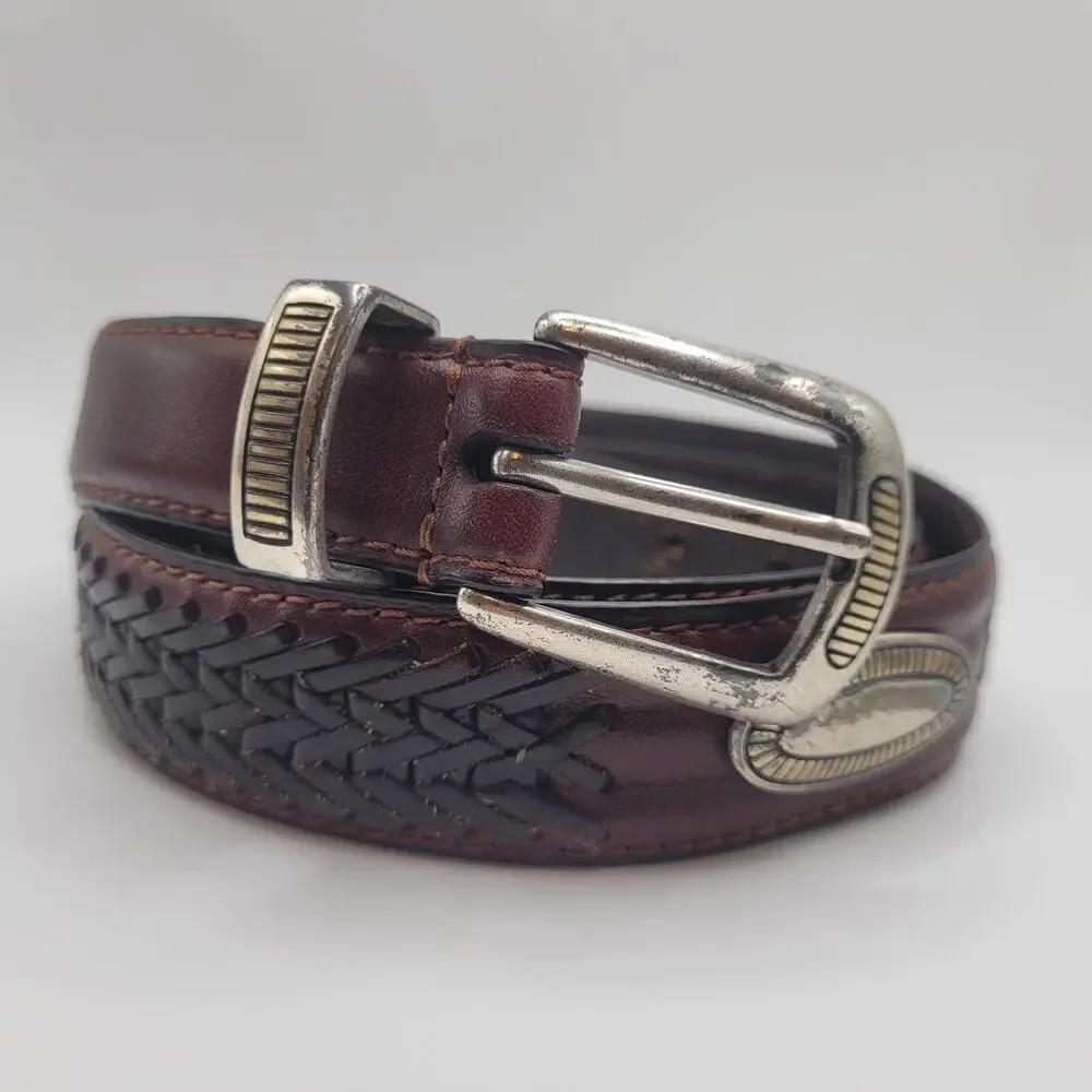 Fossil Belt Men 42 Brown Leather Braided Western Concho Silver Buckle Tip Patina